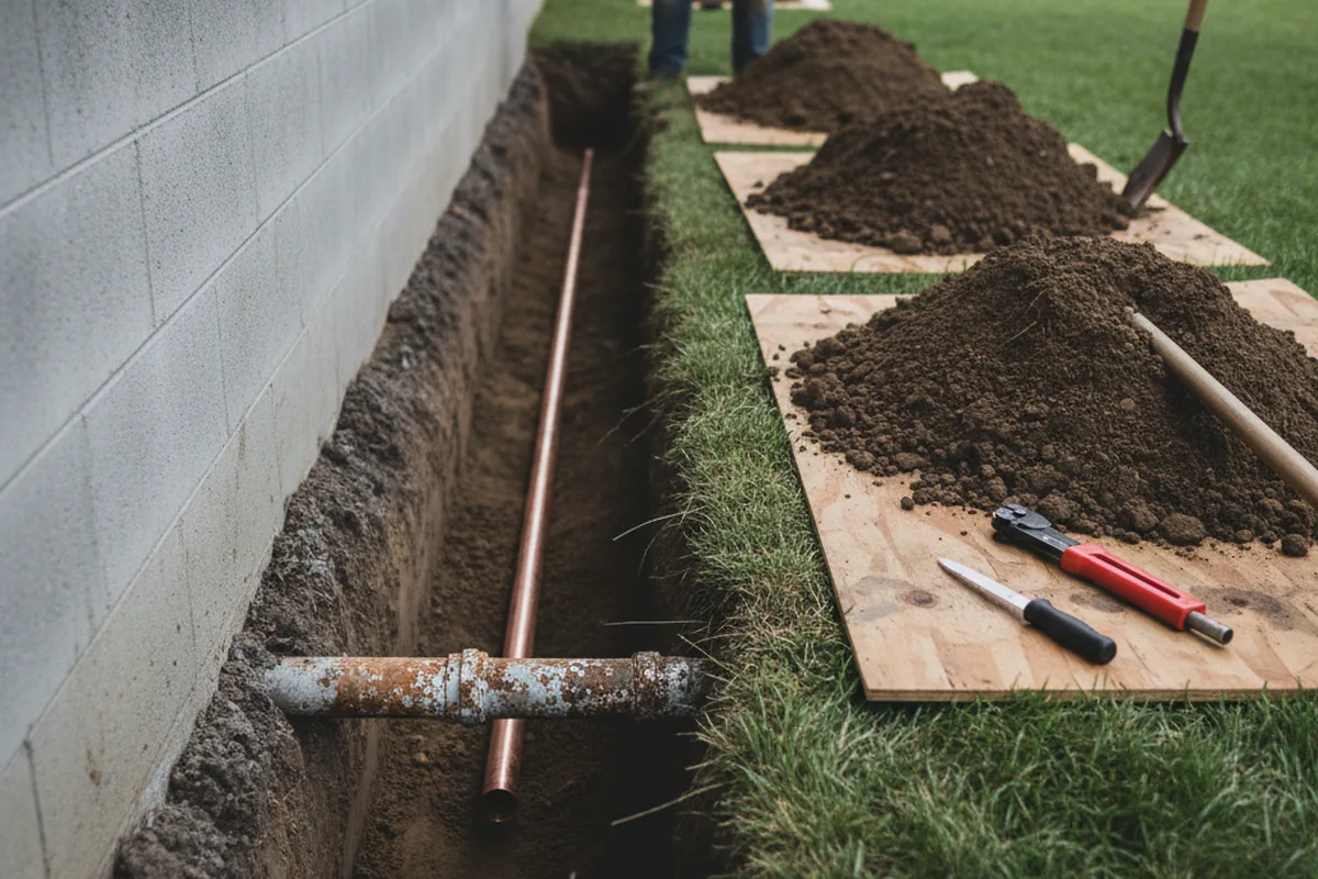 Excavated water line trench during Sewer Line Repair in Bertram
